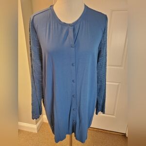 LOGO By Lori Goldstein Rayon 230 And Lace Button-Front Blue Cardigan